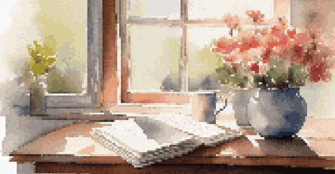 A cozy morning setting with a cup of coffee, a journal with gratitude notes, and sunlight filtering through a window.