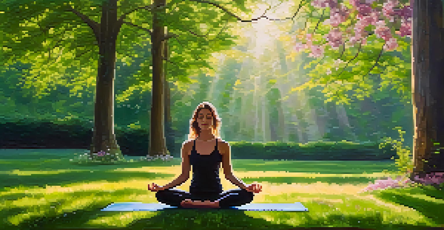 A person practicing yoga in a green park, surrounded by trees and flowers, with sunlight filtering through.