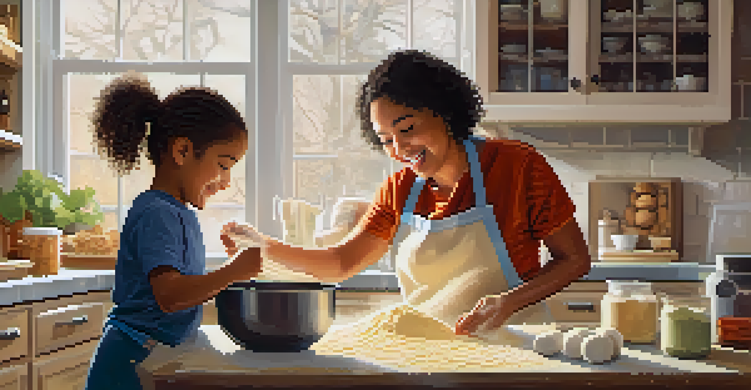 A parent and child happily baking cookies together in a cozy kitchen filled with flour and baking ingredients.