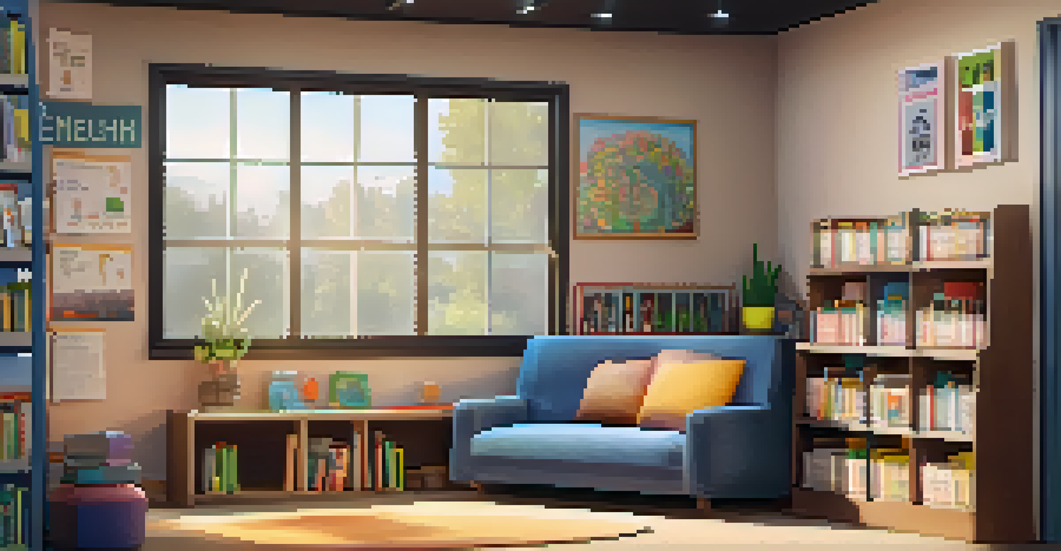 A cozy corner in a school library with cushions and books on mental health, designed as a safe space for students.