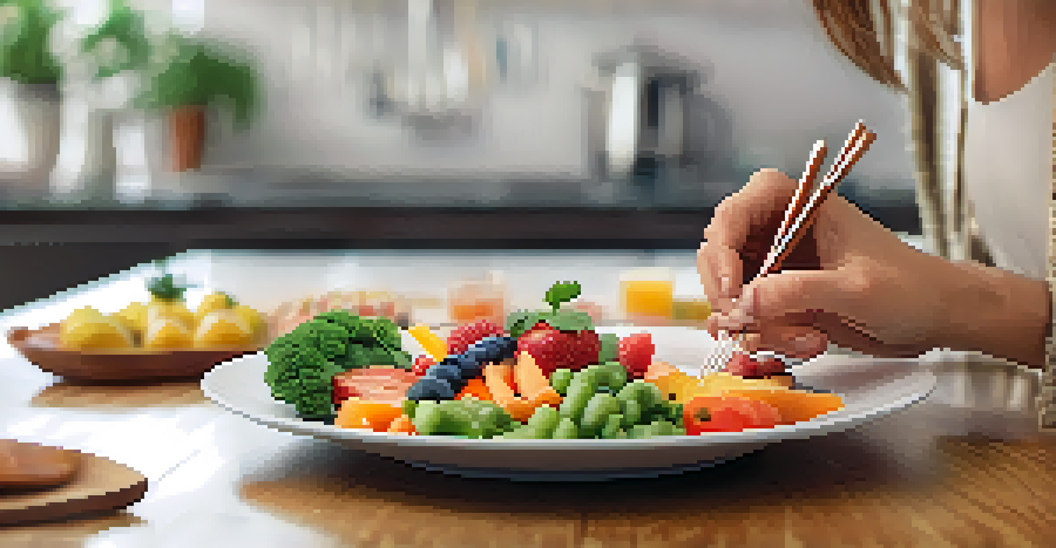 A close-up of a person enjoying a healthy meal mindfully, with vibrant food on the plate and a softly blurred kitchen background.