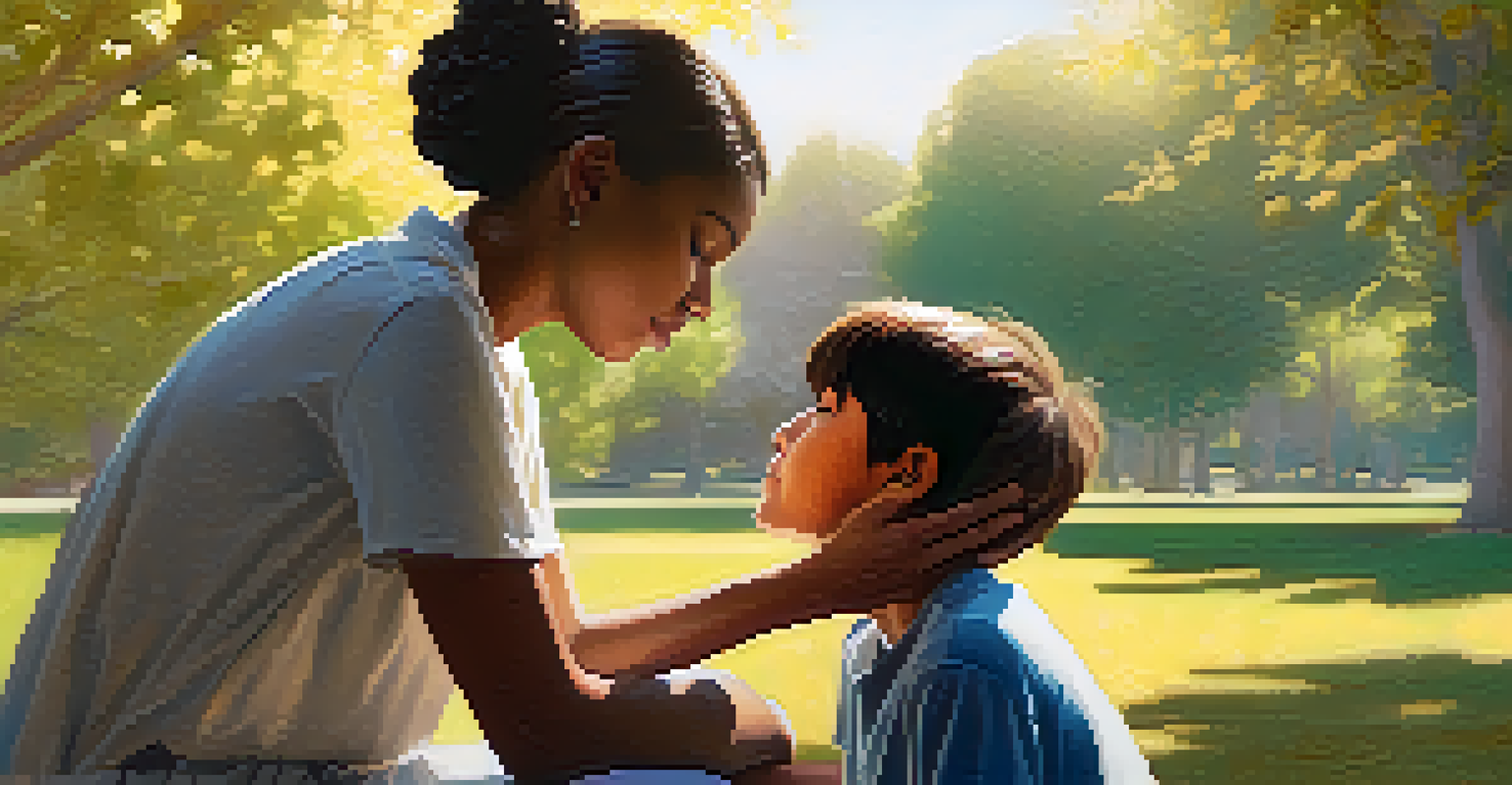 A caregiver providing comfort to a distressed young person in a peaceful park, with sunlight filtering through the trees.