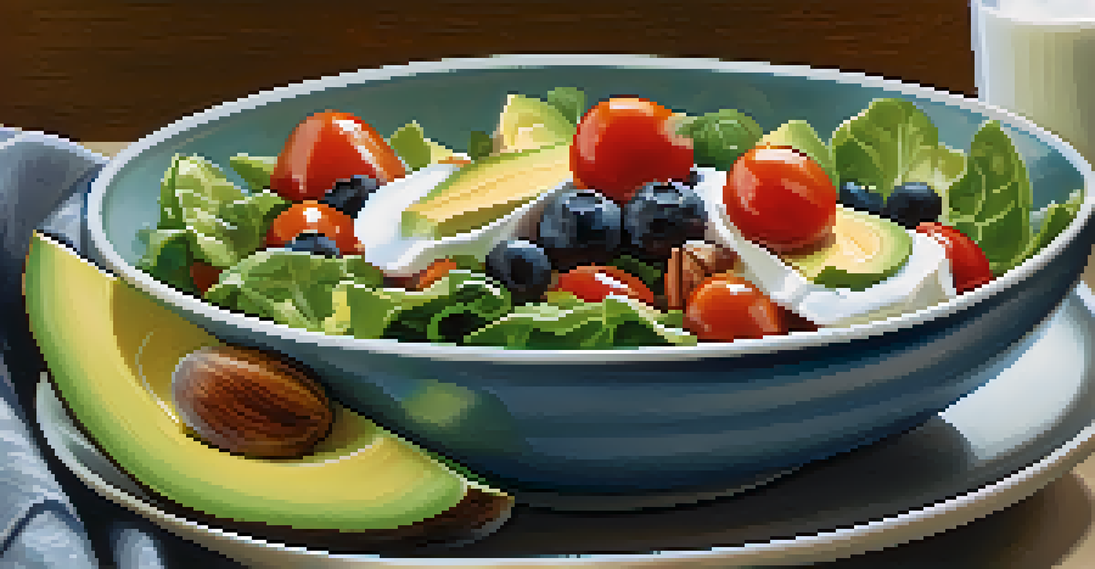 A close-up of a plate filled with a colorful salad and a bowl of yogurt with berries, showcasing a healthy meal.