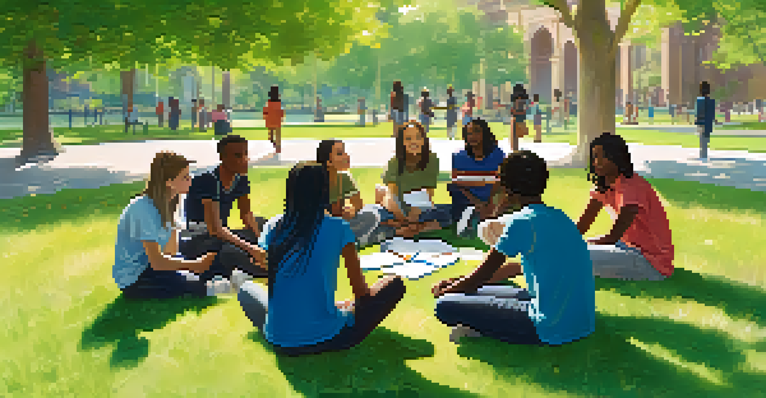 A group of diverse young peer educators discussing health topics in a circle at a park, creating a friendly and engaging learning environment.