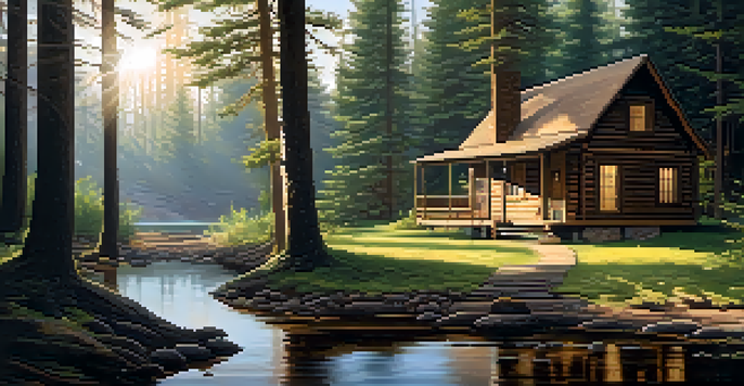 A peaceful cabin in the woods with sunlight filtering through trees, a deck with a rocking chair, and a view of a tranquil stream.
