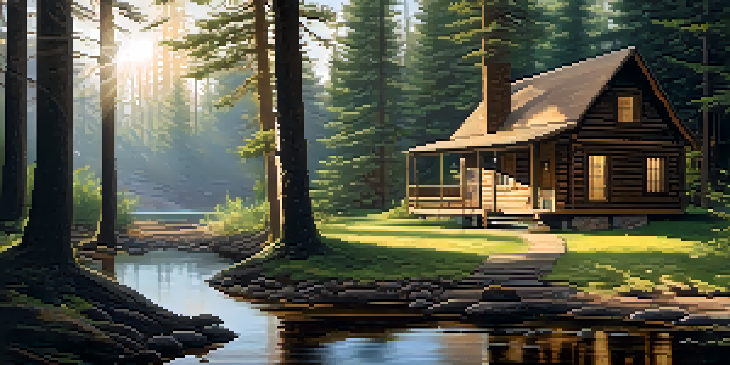 A peaceful cabin in the woods with sunlight filtering through trees, a deck with a rocking chair, and a view of a tranquil stream.