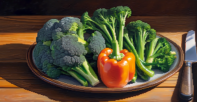 A colorful assortment of steamed vegetables including broccoli, carrots, and bell peppers arranged on a plate, with sunlight illuminating their textures.