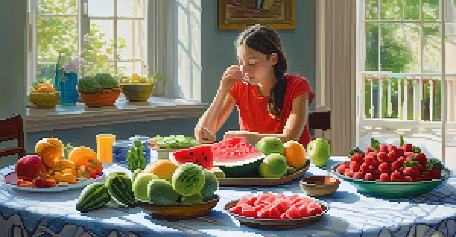 A kitchen table featuring fresh fruits and vegetables, with a young person enjoying a slice of watermelon, highlighting mindful eating.