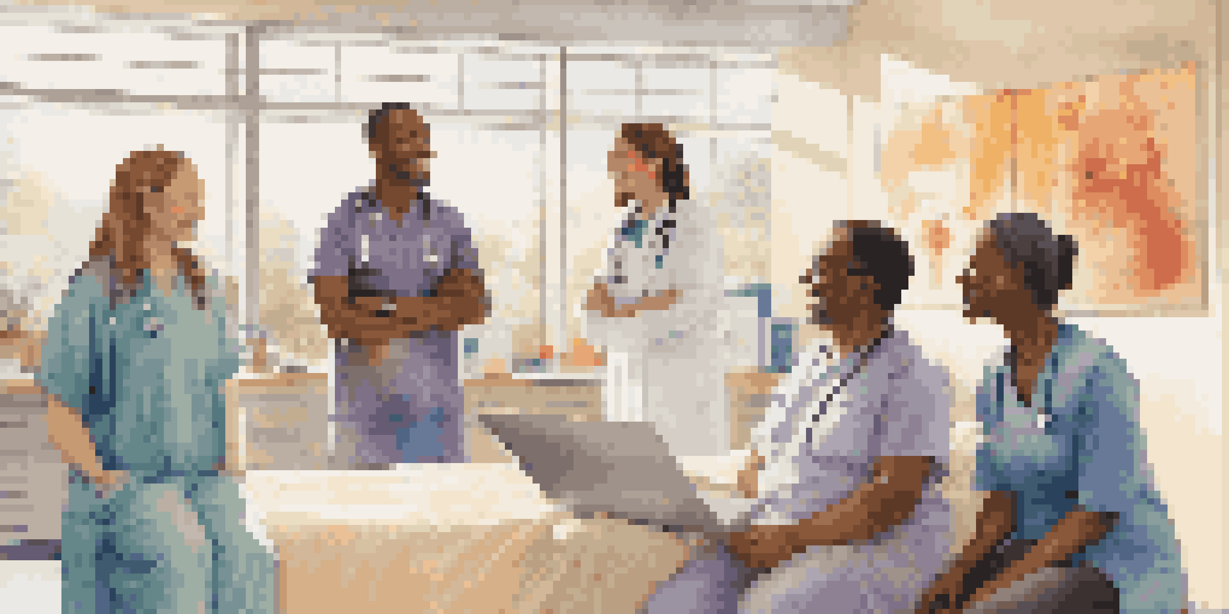 A diverse healthcare team communicating with a patient in a bright clinic, showcasing empathy and understanding.