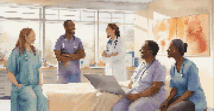 A diverse healthcare team communicating with a patient in a bright clinic, showcasing empathy and understanding.
