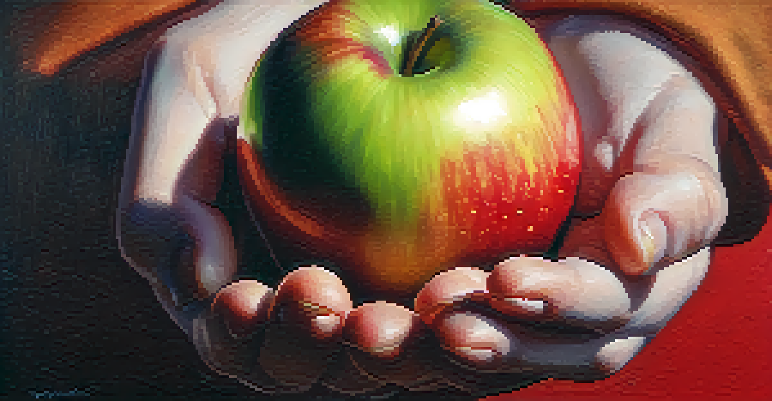 A person's hand holding a bright red apple, with a thoughtful expression and blurred background.