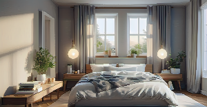 A cozy bedroom with a neatly made bed, warm lighting, and a nightstand with a cup of tea and a book.