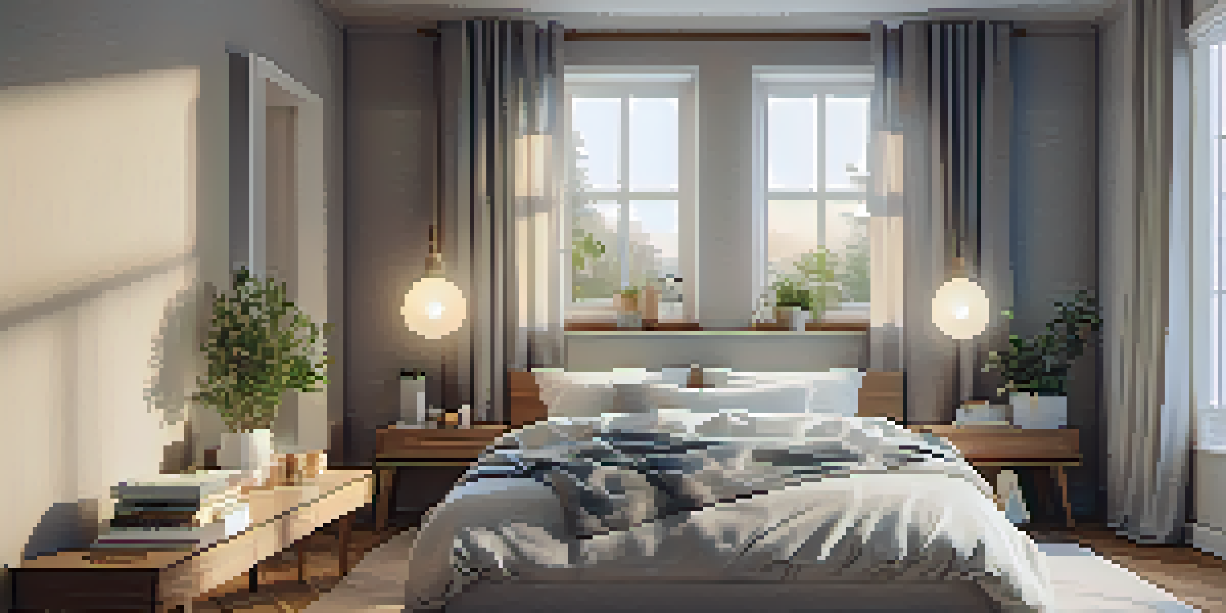 A cozy bedroom with a neatly made bed, warm lighting, and a nightstand with a cup of tea and a book.