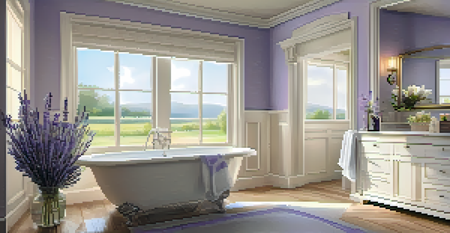 A relaxing bathroom with a lavender-scented bathtub, candles, and fresh flowers creating a calming atmosphere.