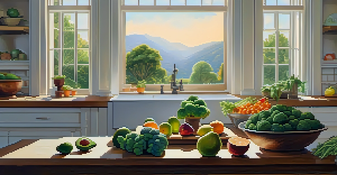 A cozy kitchen with a wooden table displaying colorful fruits and vegetables, illuminated by natural sunlight.