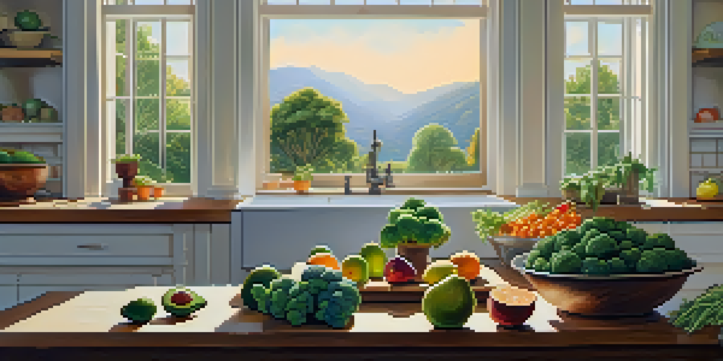 A cozy kitchen with a wooden table displaying colorful fruits and vegetables, illuminated by natural sunlight.
