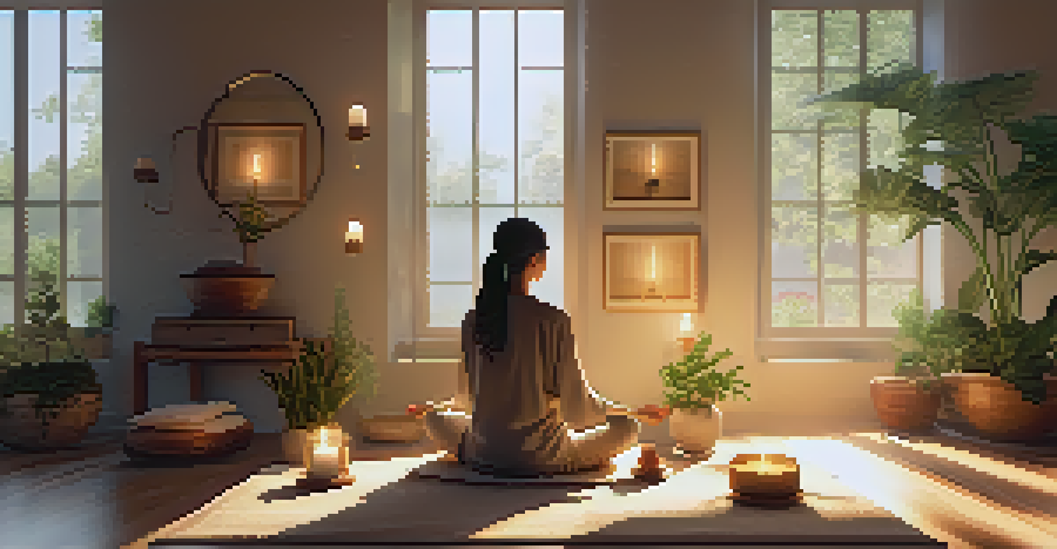 A person meditating in a sunlit room filled with candles and plants, creating a serene atmosphere.