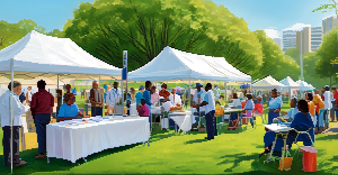 A community health screening event in a park with diverse individuals receiving health checks from professionals under a colorful tent.