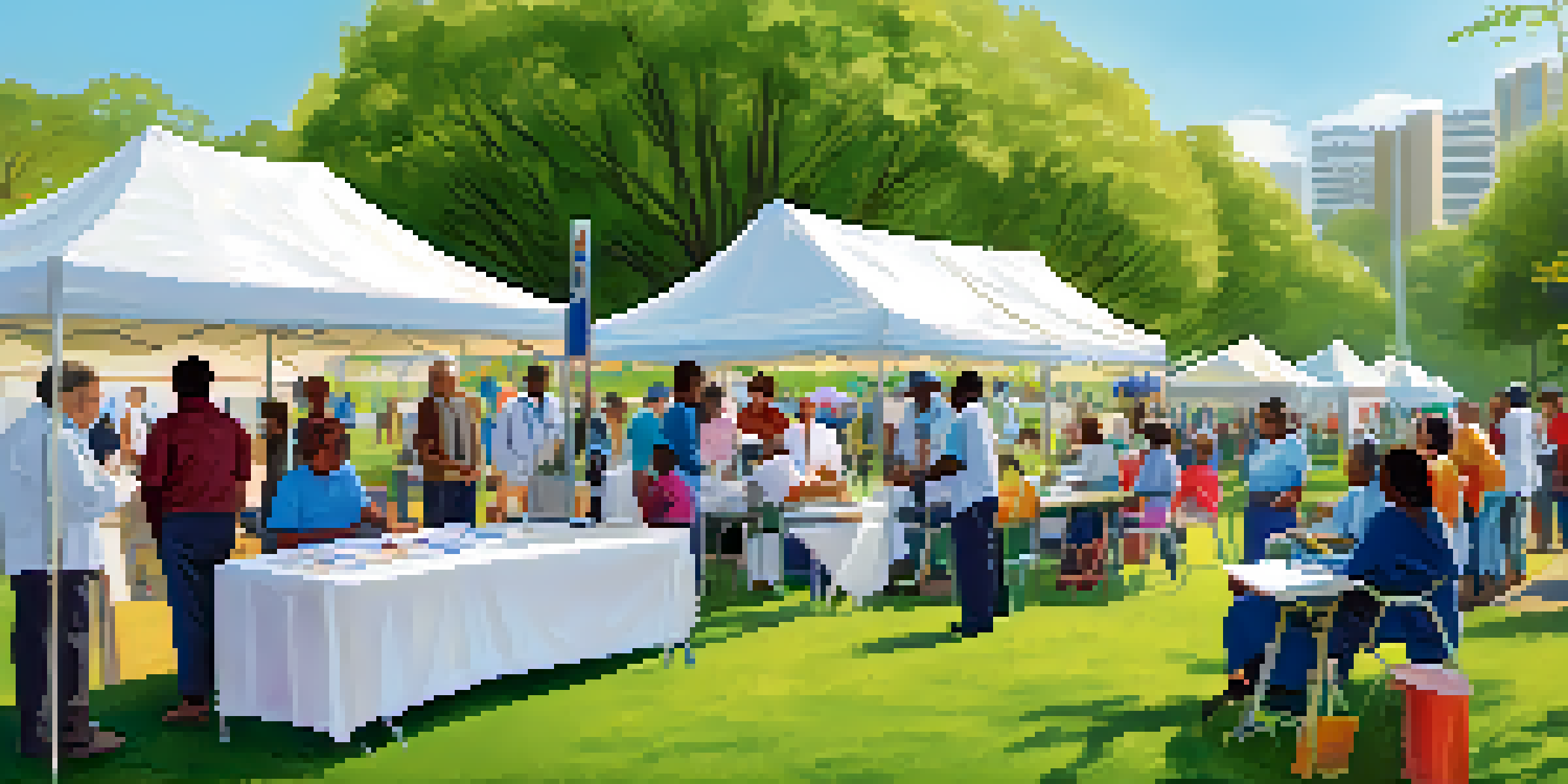A community health screening event in a park with diverse individuals receiving health checks from professionals under a colorful tent.