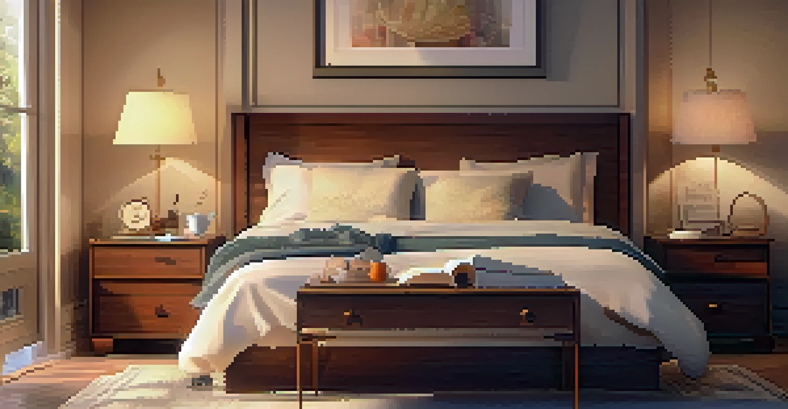 A cozy bedroom with a made bed, an open book, and a cup of herbal tea, highlighting a peaceful sleep environment.