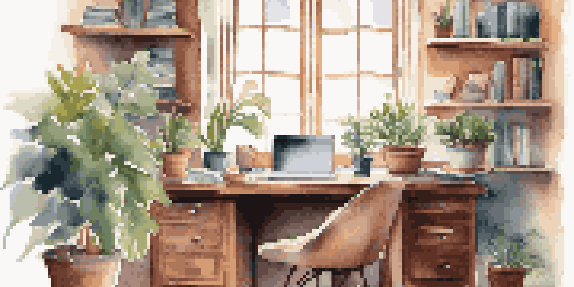 A cozy home office with a wooden desk, laptop, houseplants, and a steaming cup of tea in soft natural light.