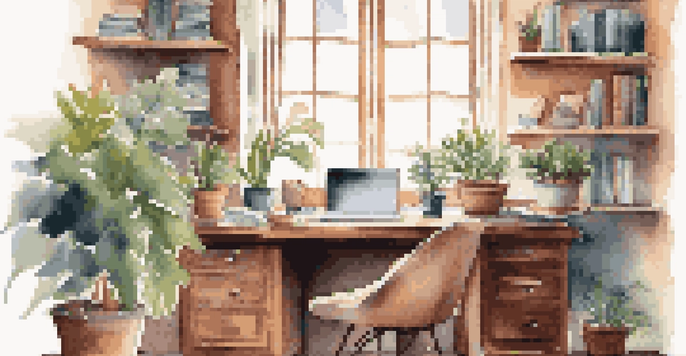A cozy home office with a wooden desk, laptop, houseplants, and a steaming cup of tea in soft natural light.