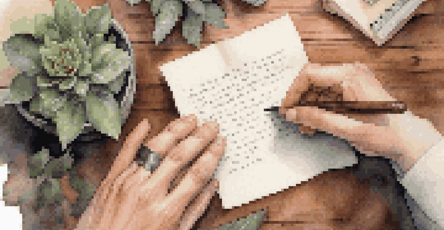 Close-up of hands writing a compassionate letter on a desk with a plant and a candle, symbolizing self-kindness.