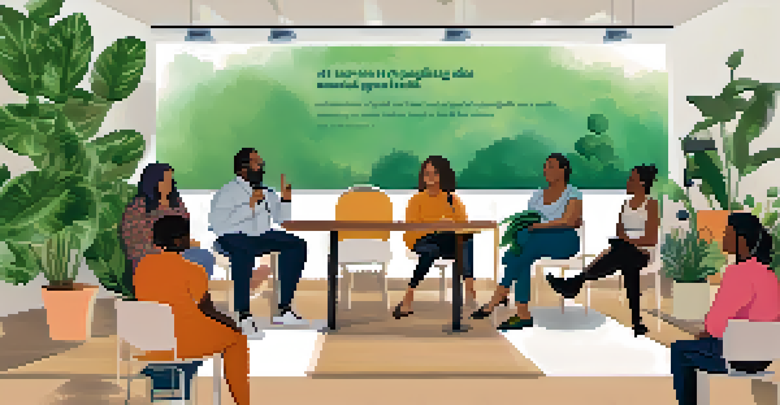 A cozy panel discussion on mental health with diverse speakers sharing their stories, an engaged audience, and an inviting atmosphere in a community center.