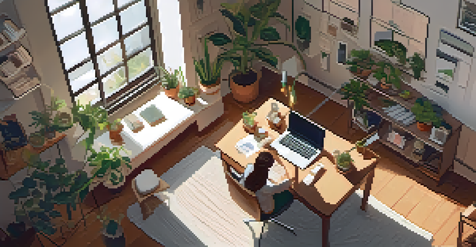 A person in a home office stretching and exercising, surrounded by plants and a desk with a laptop, illuminated by soft natural light from a window.