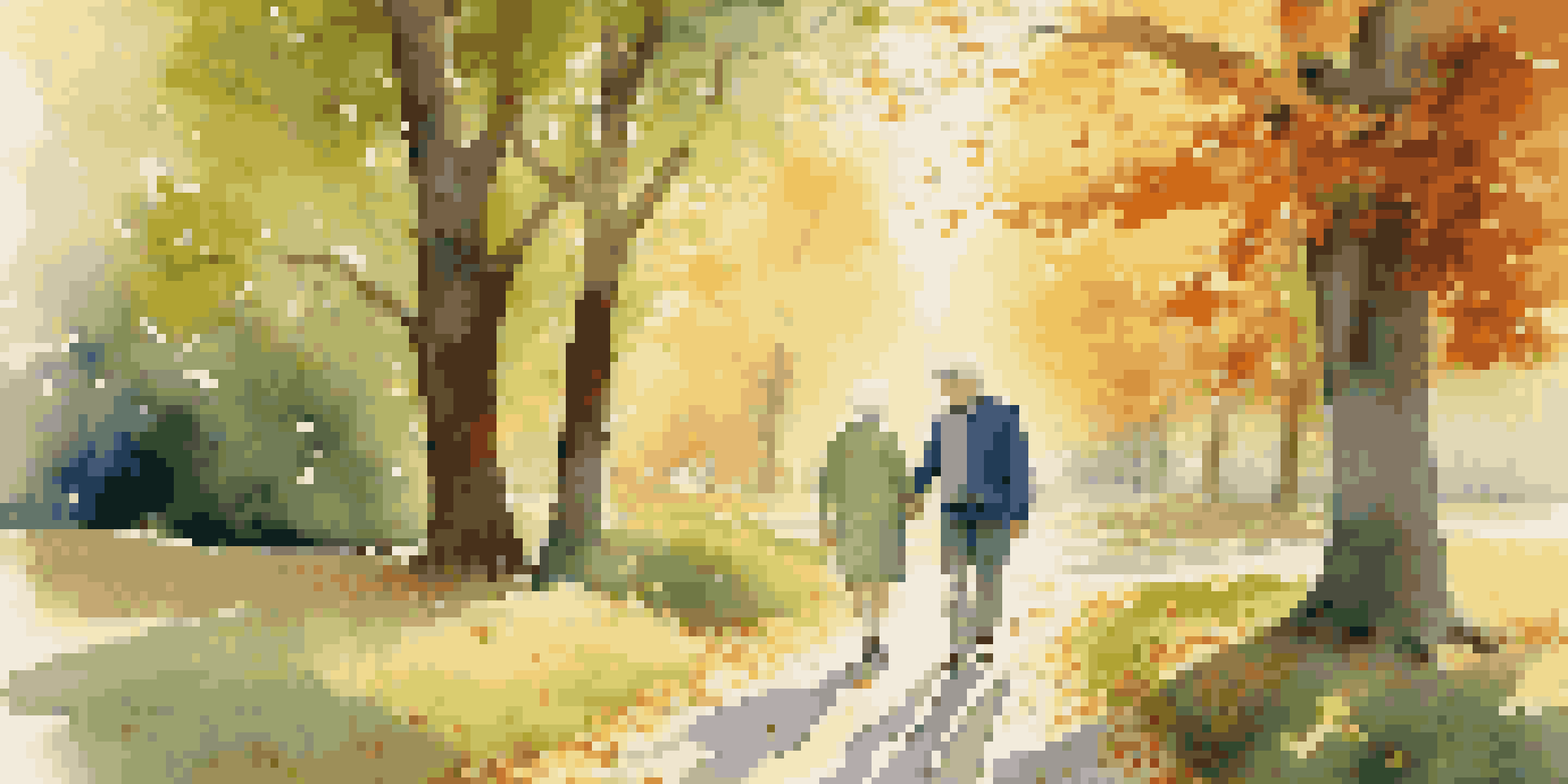 An elderly couple walking in a park, holding hands and smiling at each other, with trees and flowers around them.
