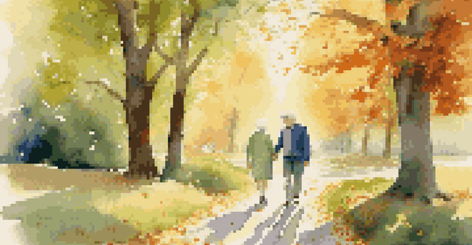 An elderly couple walking in a park, holding hands and smiling at each other, with trees and flowers around them.