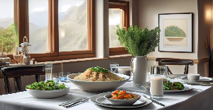 A dining table set with a balanced meal for CKD, including quinoa, grilled fish, and steamed vegetables in a serene atmosphere.