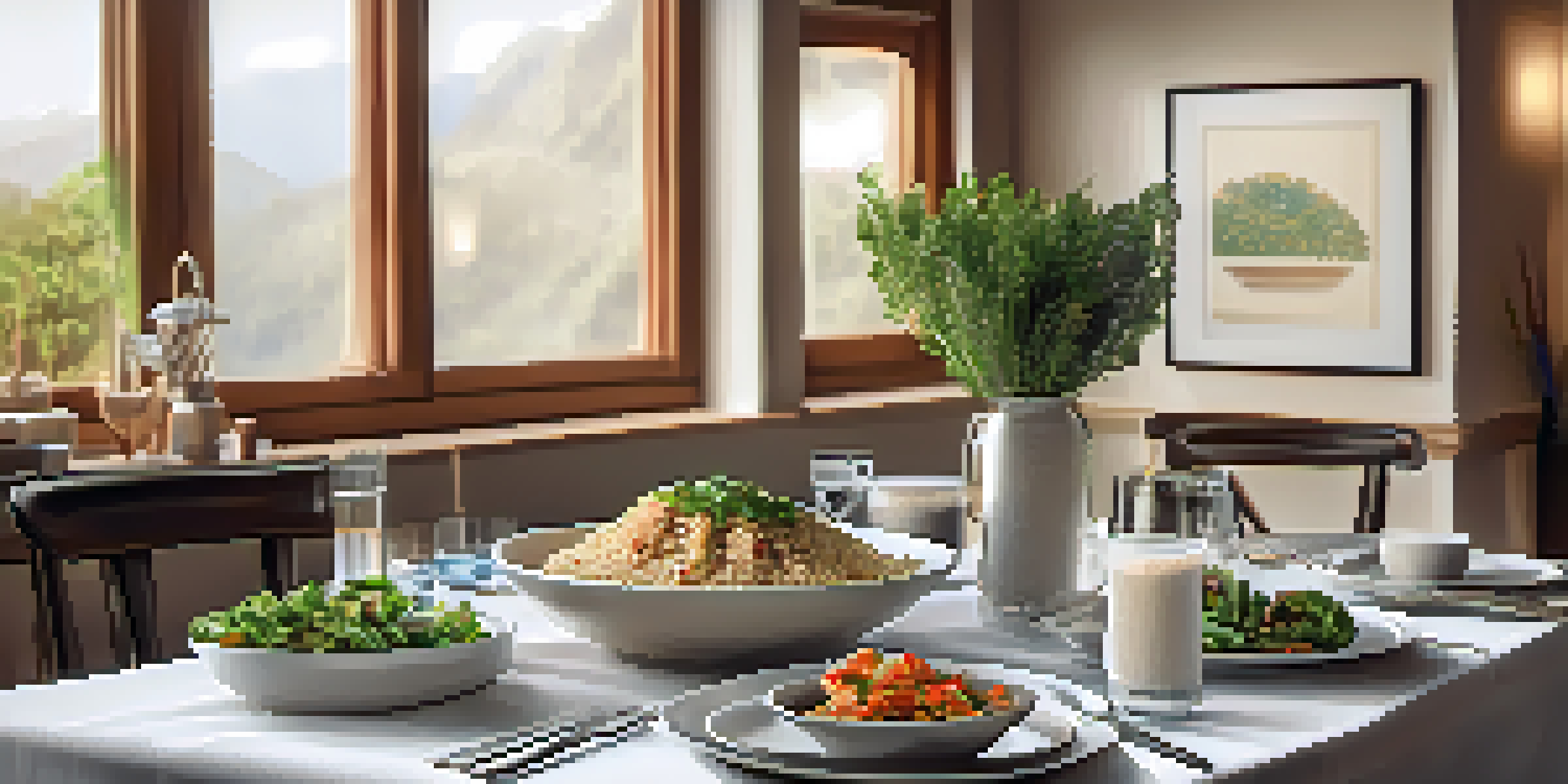 A dining table set with a balanced meal for CKD, including quinoa, grilled fish, and steamed vegetables in a serene atmosphere.