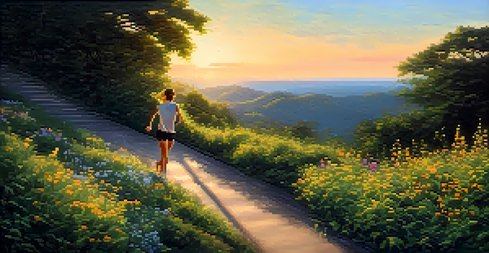A person running on a scenic path surrounded by greenery and flowers during sunset.