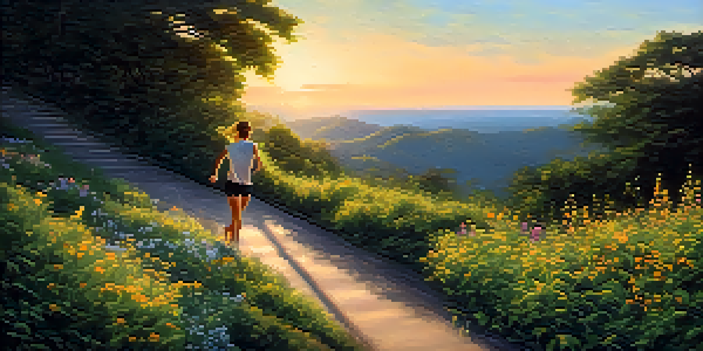 A person running on a scenic path surrounded by greenery and flowers during sunset.