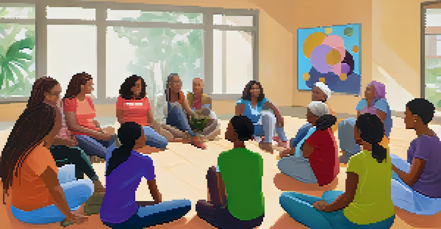 Women of different ages and backgrounds seated in a circle during a support group meeting in a community center.