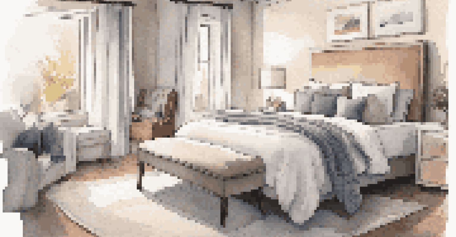 A comfortable bedroom designed for restful sleep, showcasing blackout curtains and a calming atmosphere.