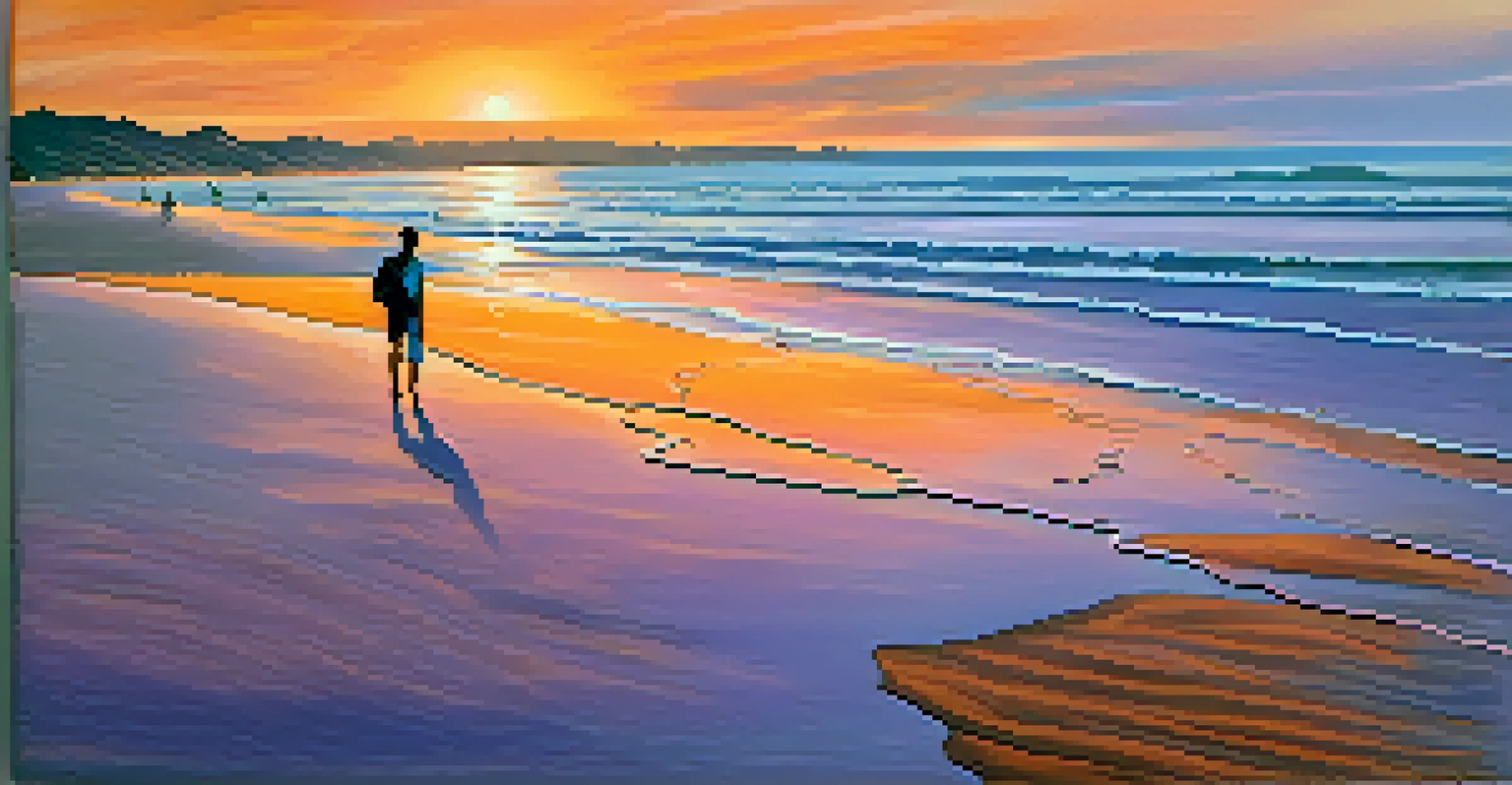 A person walking barefoot on a sandy beach at sunset, with colorful skies and gentle waves in the background.