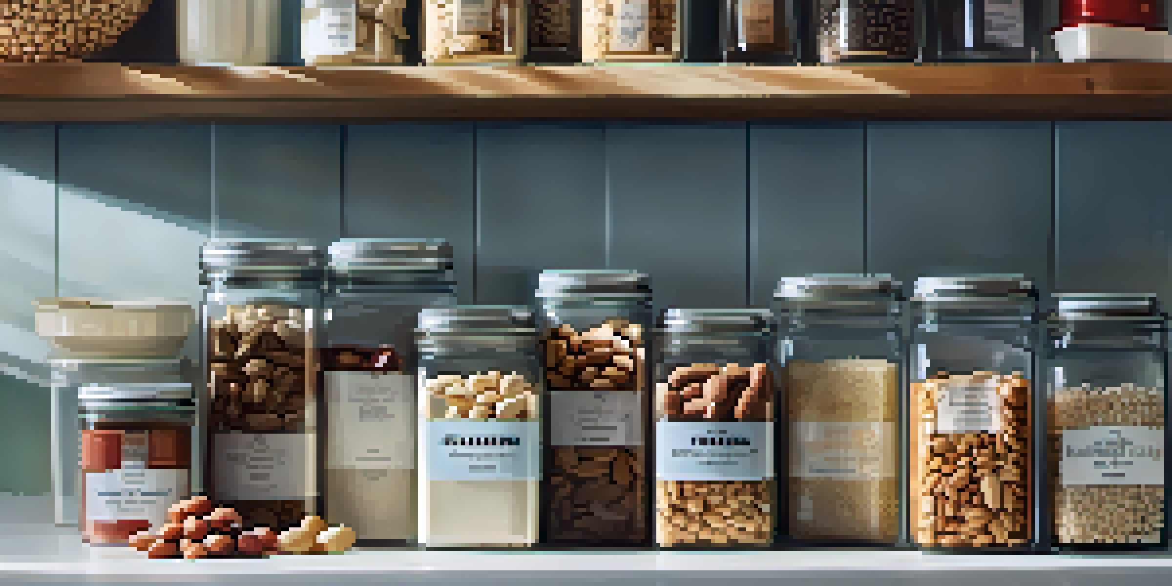 A kitchen countertop with labeled food containers showing different allergens, illuminated by sunlight.