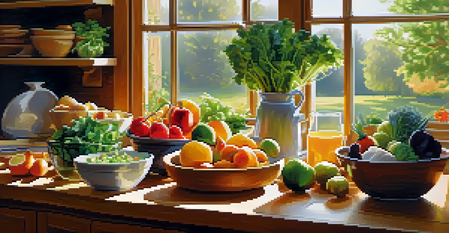 A bright kitchen with fresh fruits, vegetables, and grains on a wooden countertop, sunlight streaming through a window, creating a warm inviting atmosphere.