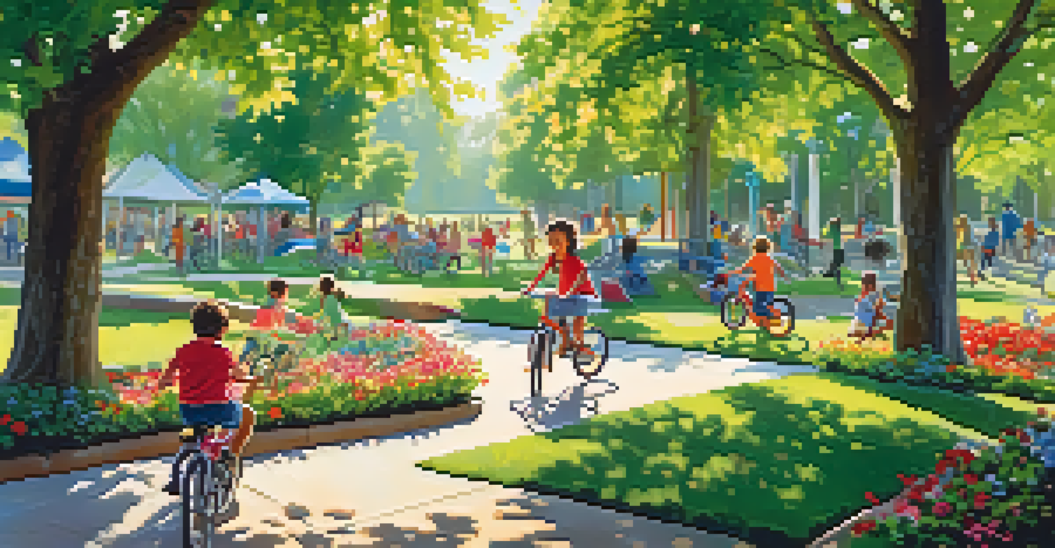 Children playing energetically in a sunny park, riding bikes and climbing on play equipment surrounded by nature.