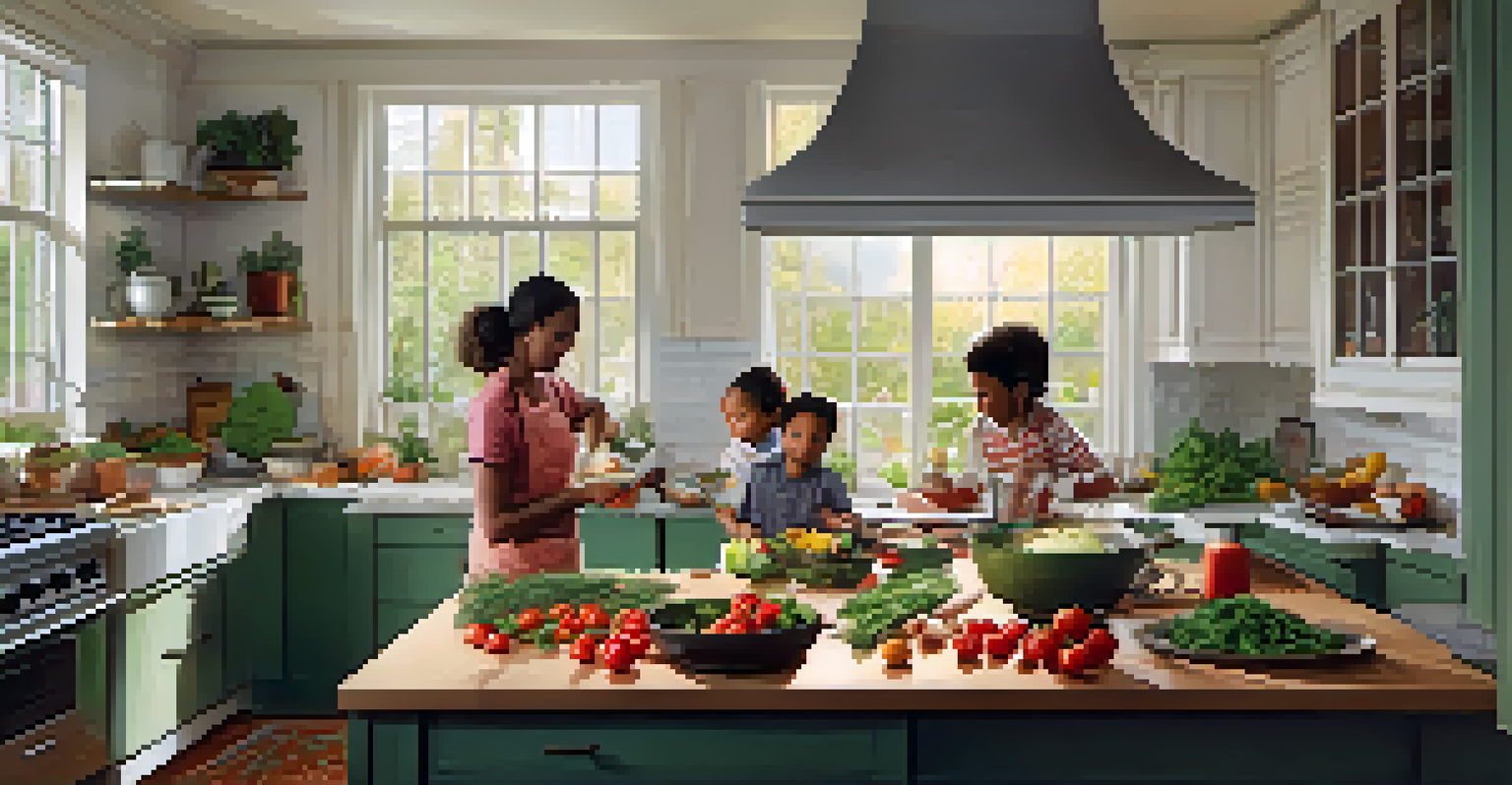 A family cooking together in a bright kitchen with fresh vegetables and herbs on the counter.