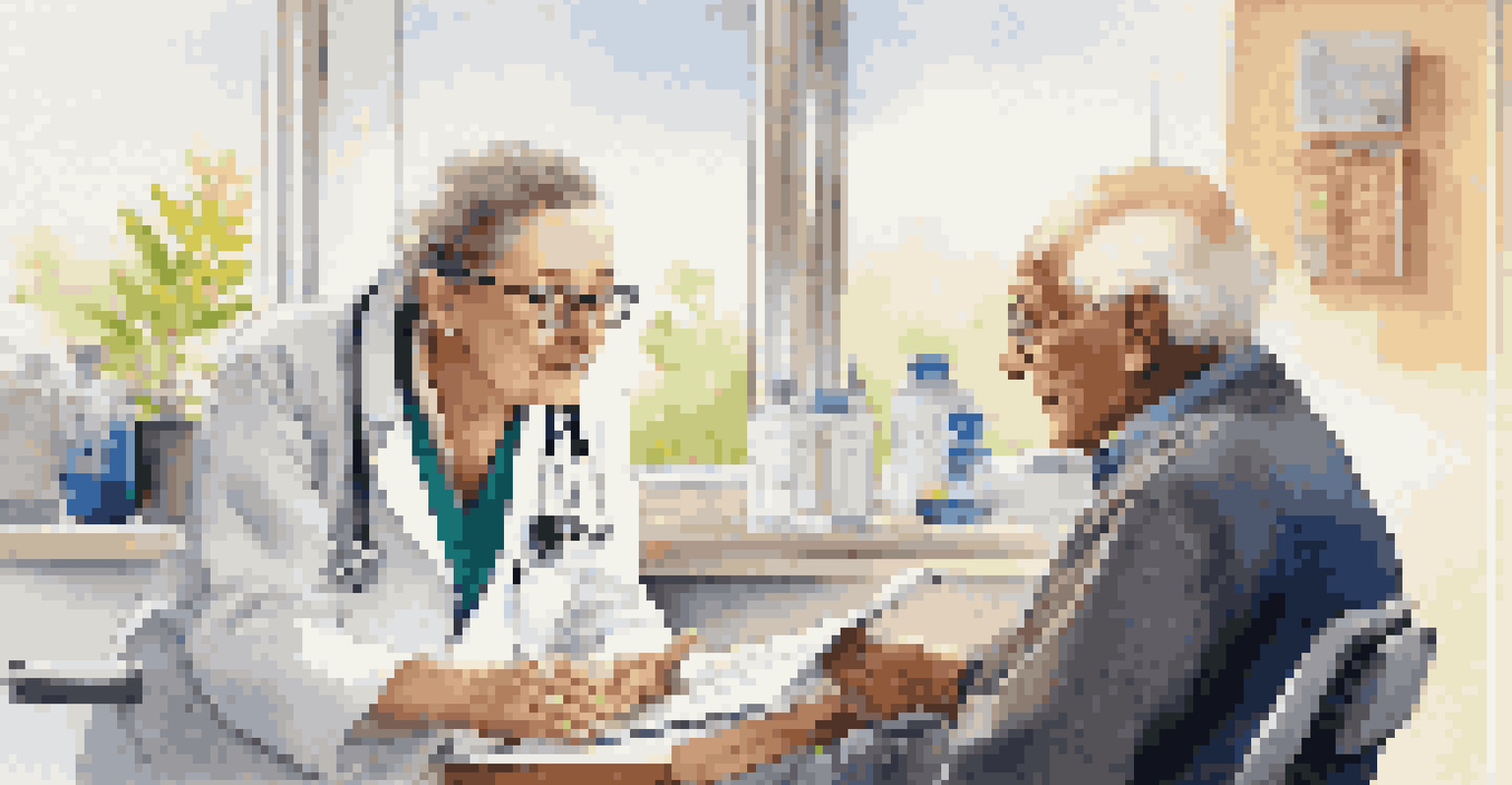 A doctor and an elderly patient discussing health in a modern clinic.