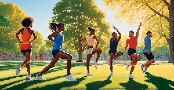 A diverse group of athletes stretching outdoors in a park, performing dynamic exercises like leg swings and high knees under warm sunlight.