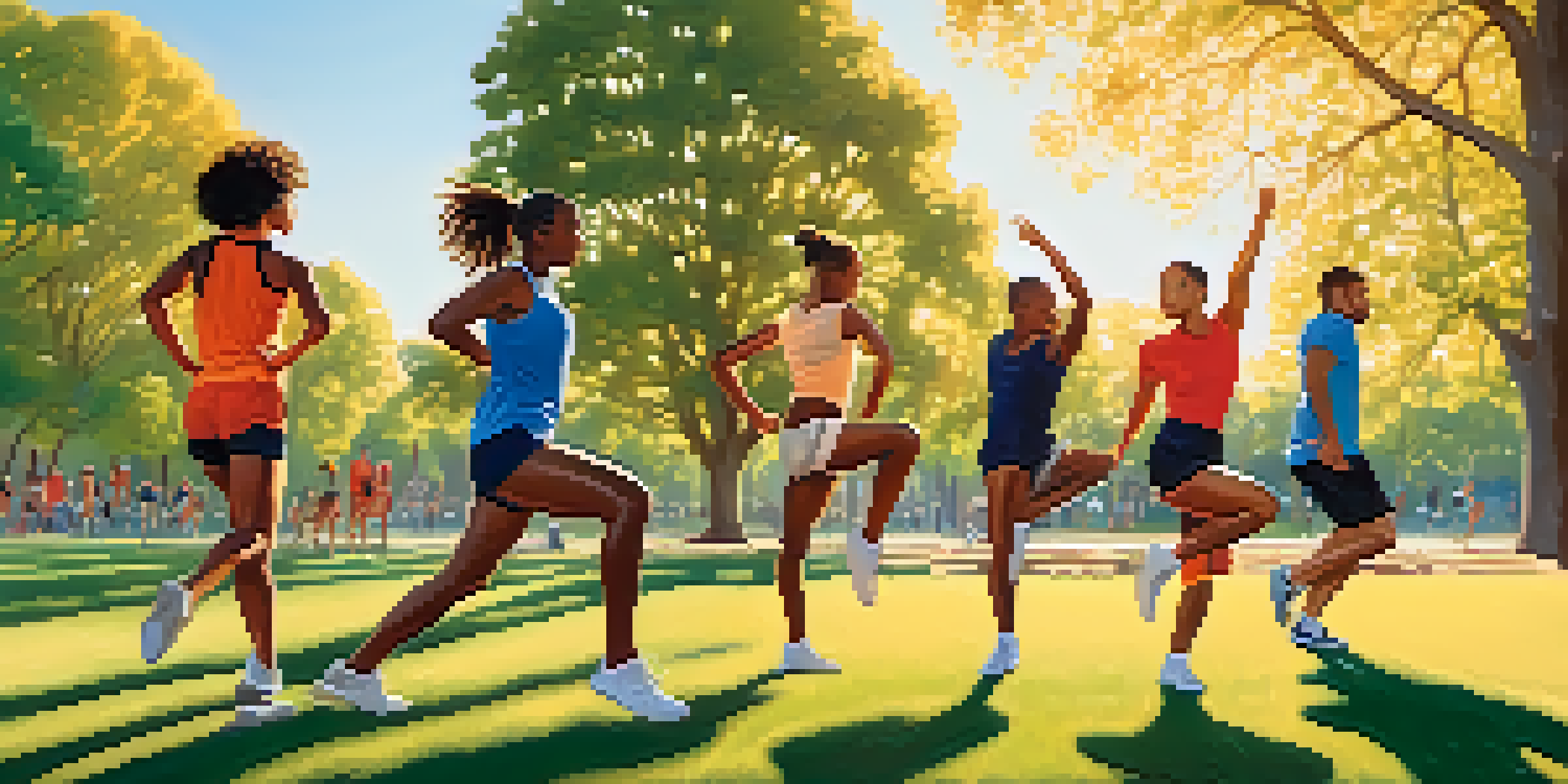A diverse group of athletes stretching outdoors in a park, performing dynamic exercises like leg swings and high knees under warm sunlight.