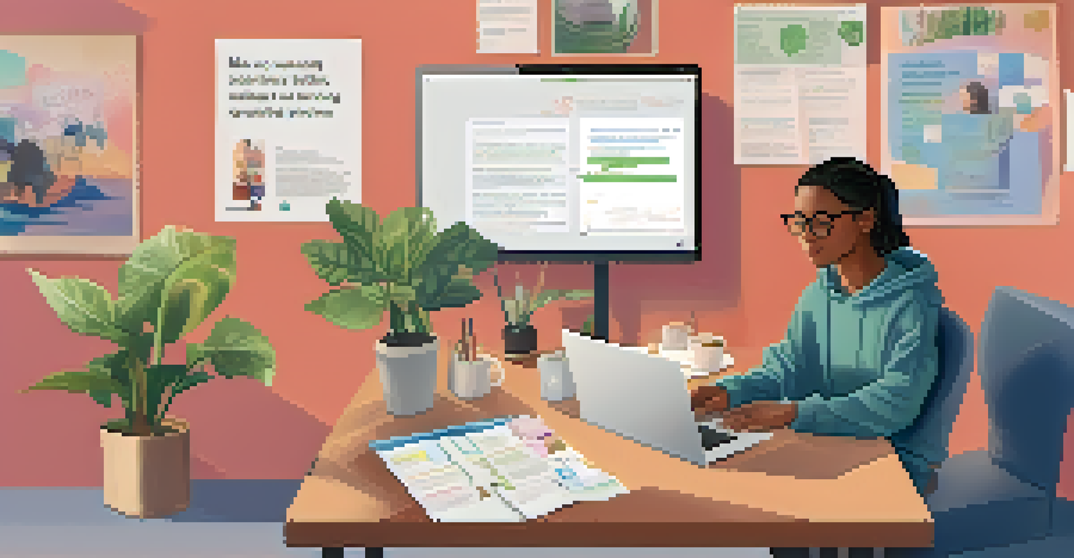 A young person sitting at a desk with a laptop open, exploring mental health resources online in a bright and modern room.