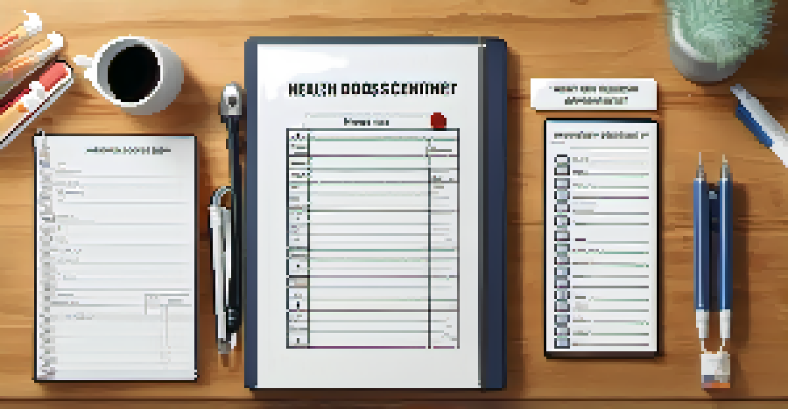 A checklist of items to bring for a health screening, including a health dossier and insurance card, placed on a wooden table.