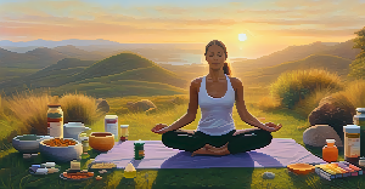 A person practicing yoga outdoors at sunrise, with nutritional supplements placed on a rock nearby, creating a serene atmosphere.