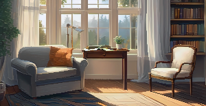 A warm and inviting journaling space featuring an armchair, a table with a cup of tea, an open notebook, and a lamp, with natural light streaming through a window.