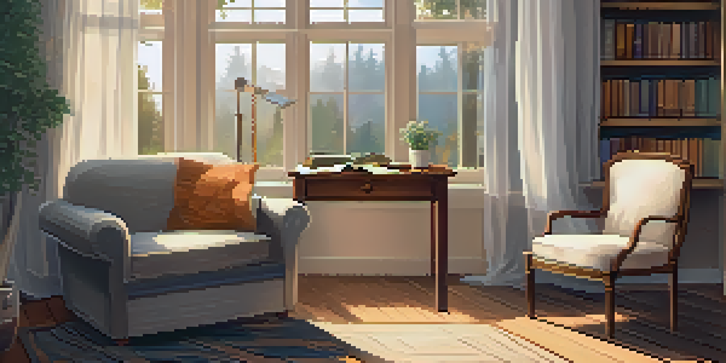 A warm and inviting journaling space featuring an armchair, a table with a cup of tea, an open notebook, and a lamp, with natural light streaming through a window.